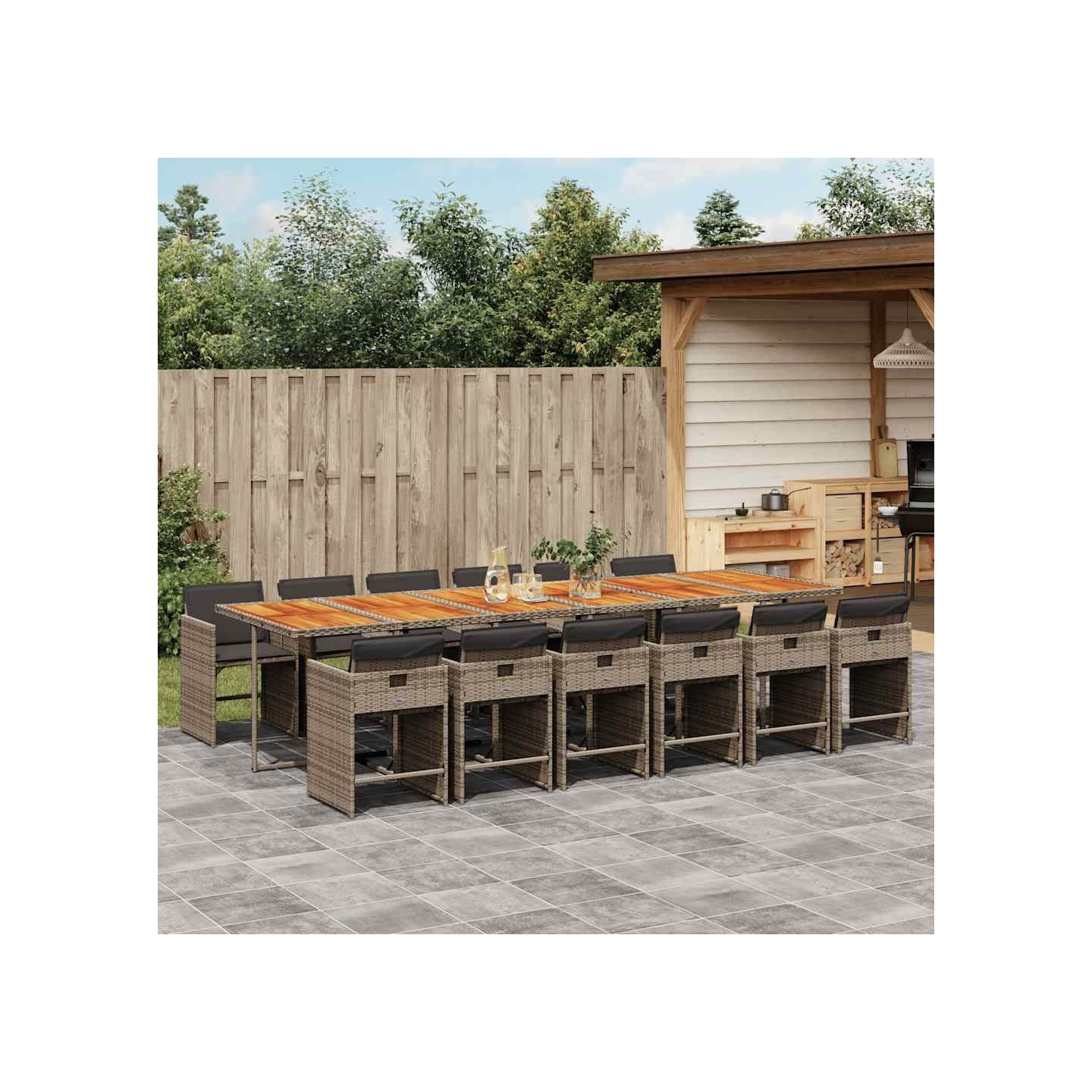 Ensemble à manger de jardin coussins 13 pcs gris résine tressée