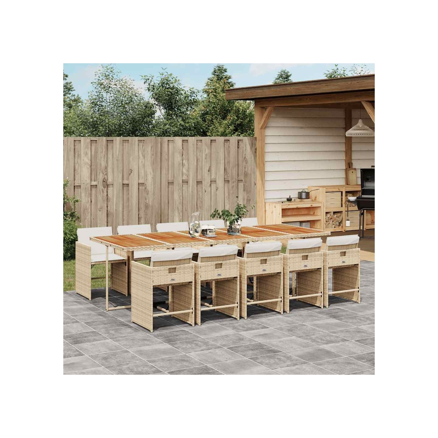Ensemble à manger de jardin et coussins 11 pcs beige poly rotin