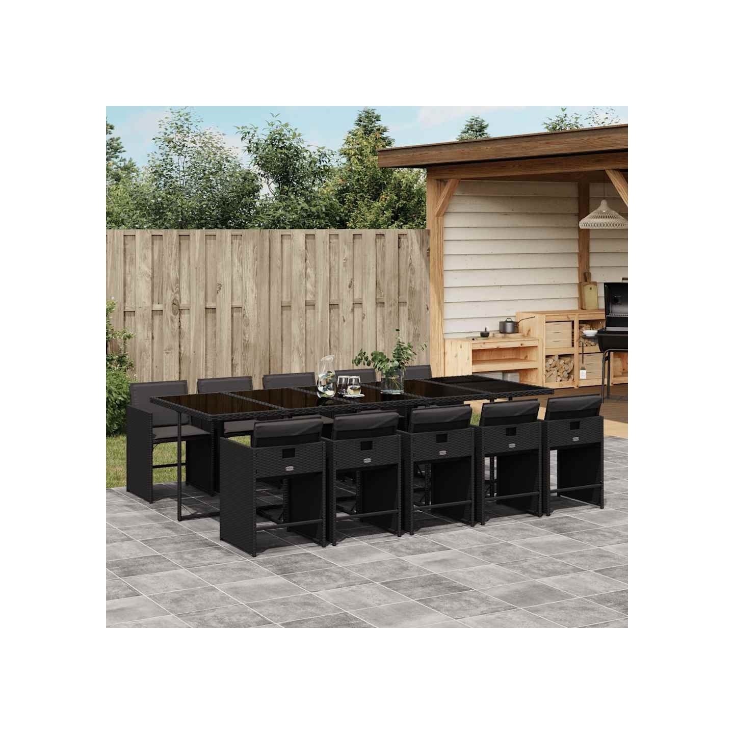 Ensemble à manger de jardin 11 pcs coussins noir résine tressée
