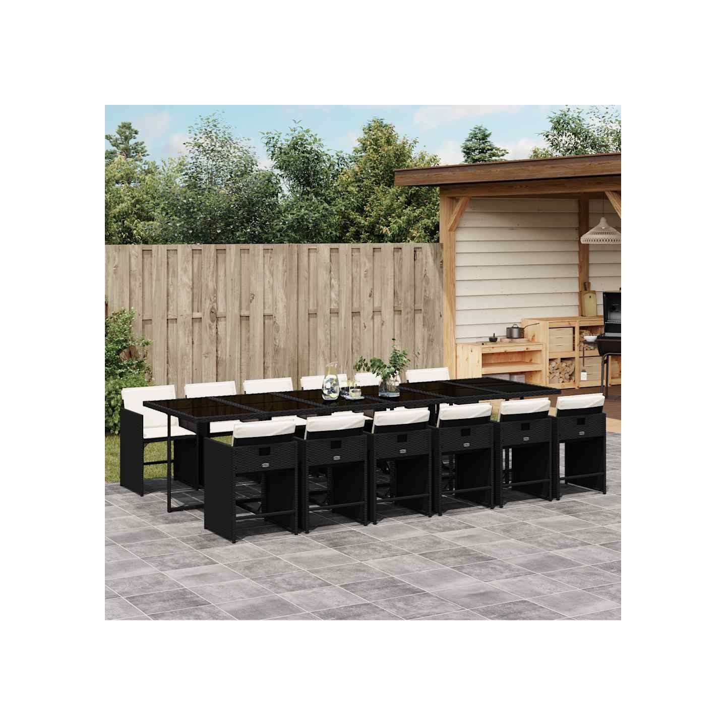 Ensemble à manger de jardin 13 pcs coussins noir résine tressée