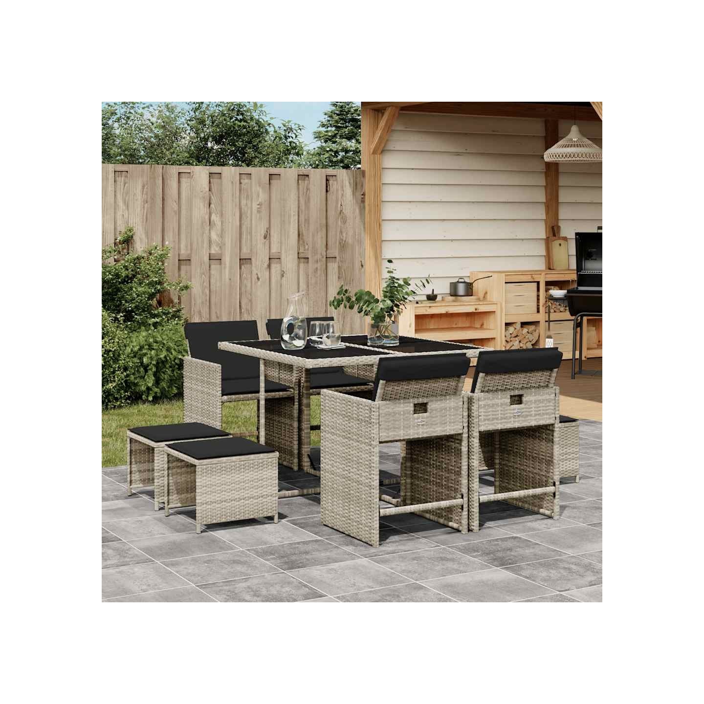 Ensemble à manger de jardin et coussins 9 pcs gris clair rotin