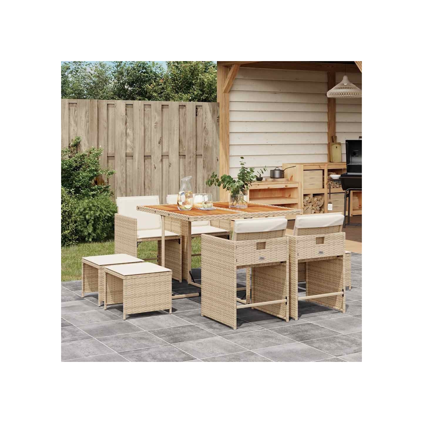 Ensemble à manger de jardin et coussins 9 pcs beige Poly rotin