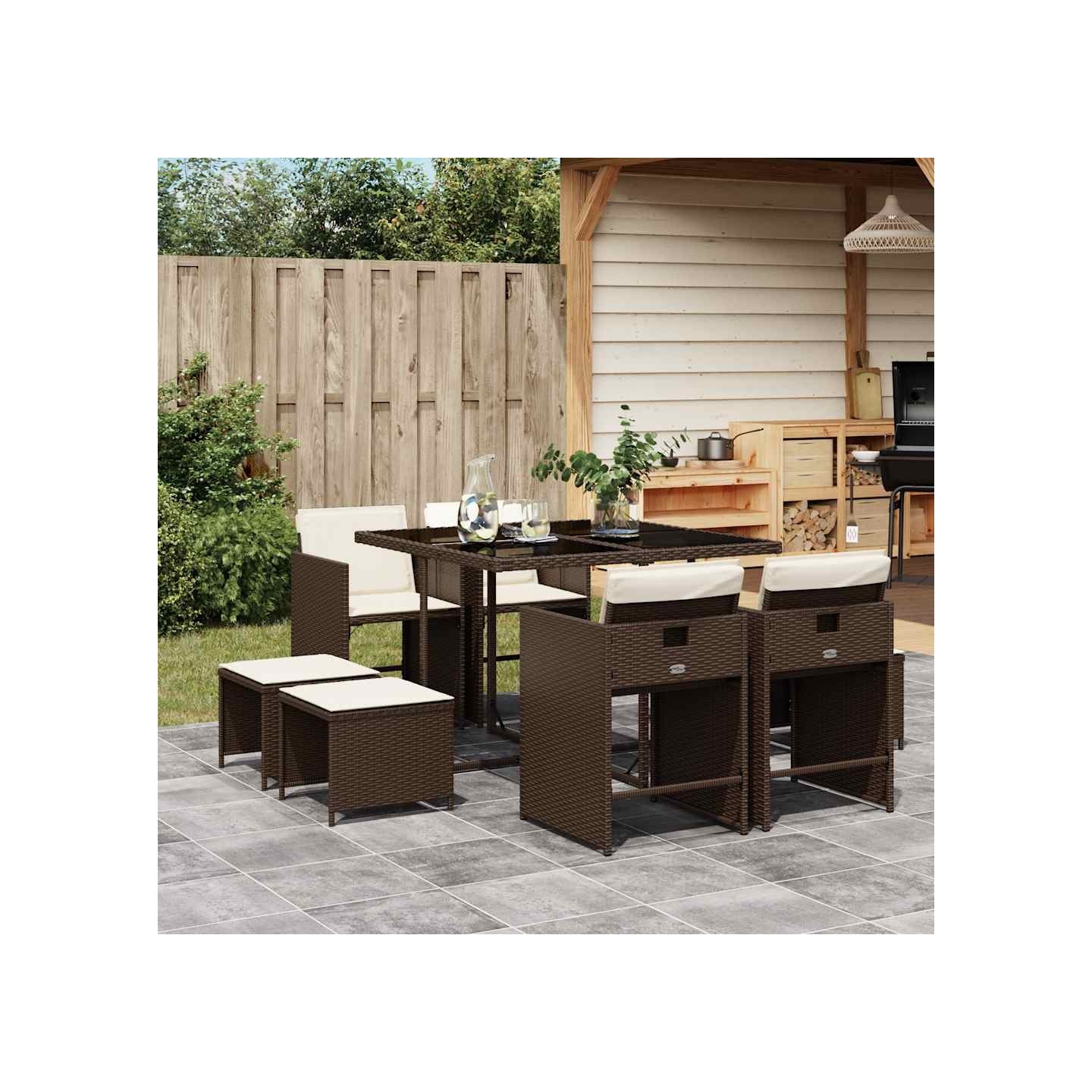 Ensemble à manger de jardin et coussins 9 pcs marron poly rotin