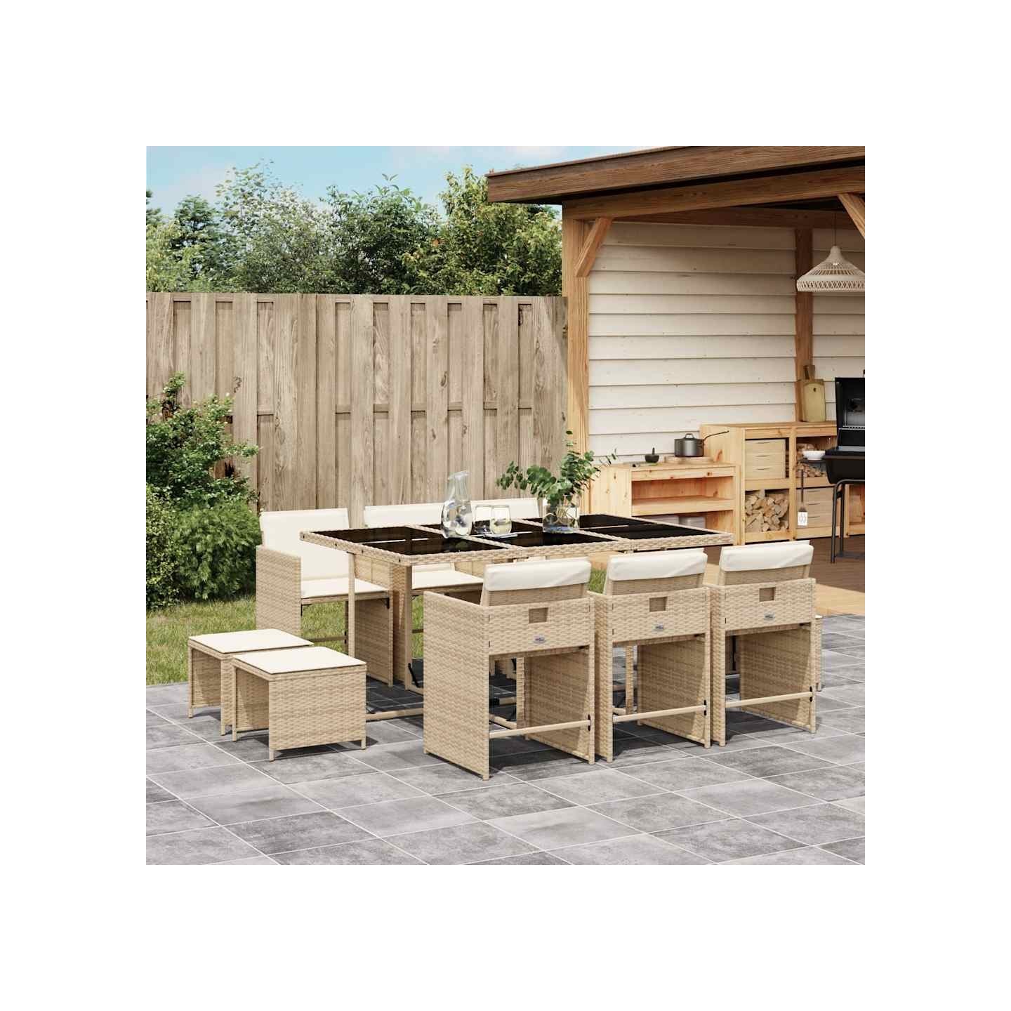 Ensemble à manger de jardin et coussins 11 pcs beige poly rotin