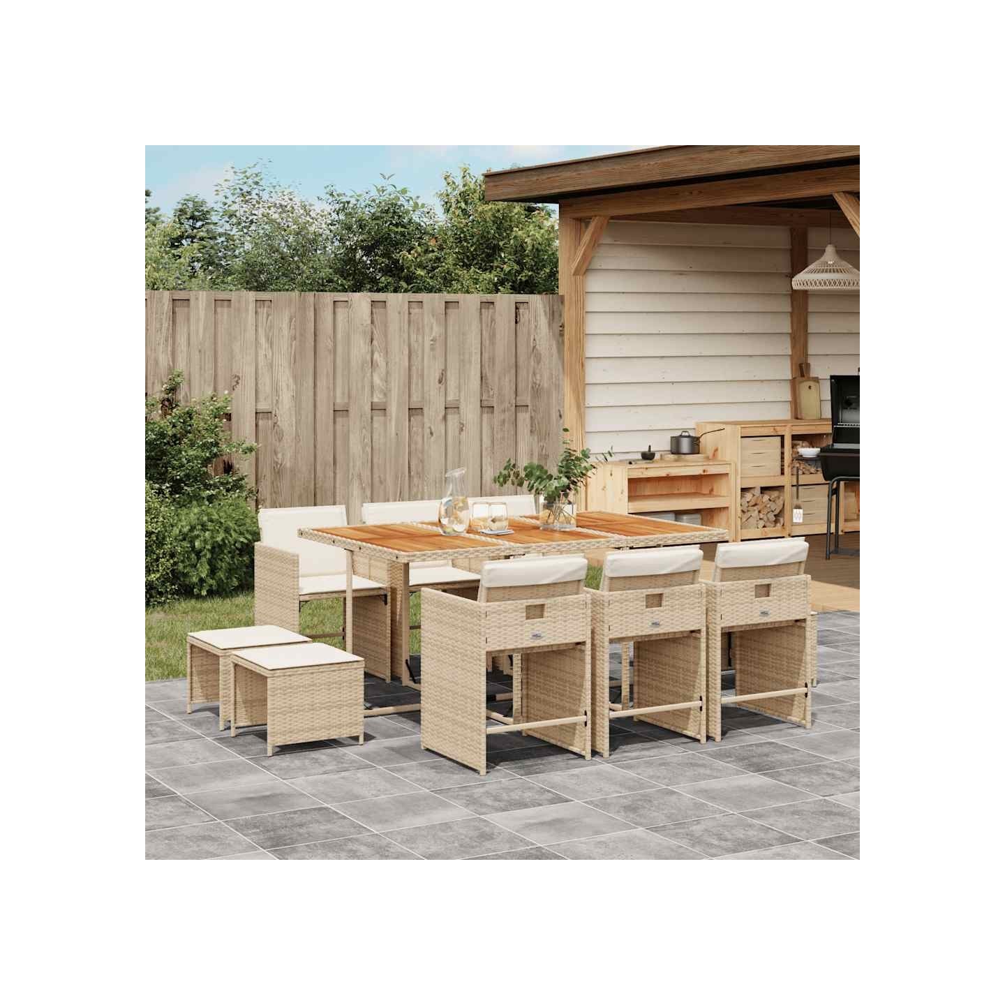 Ensemble à manger de jardin et coussins 11 pcs beige poly rotin