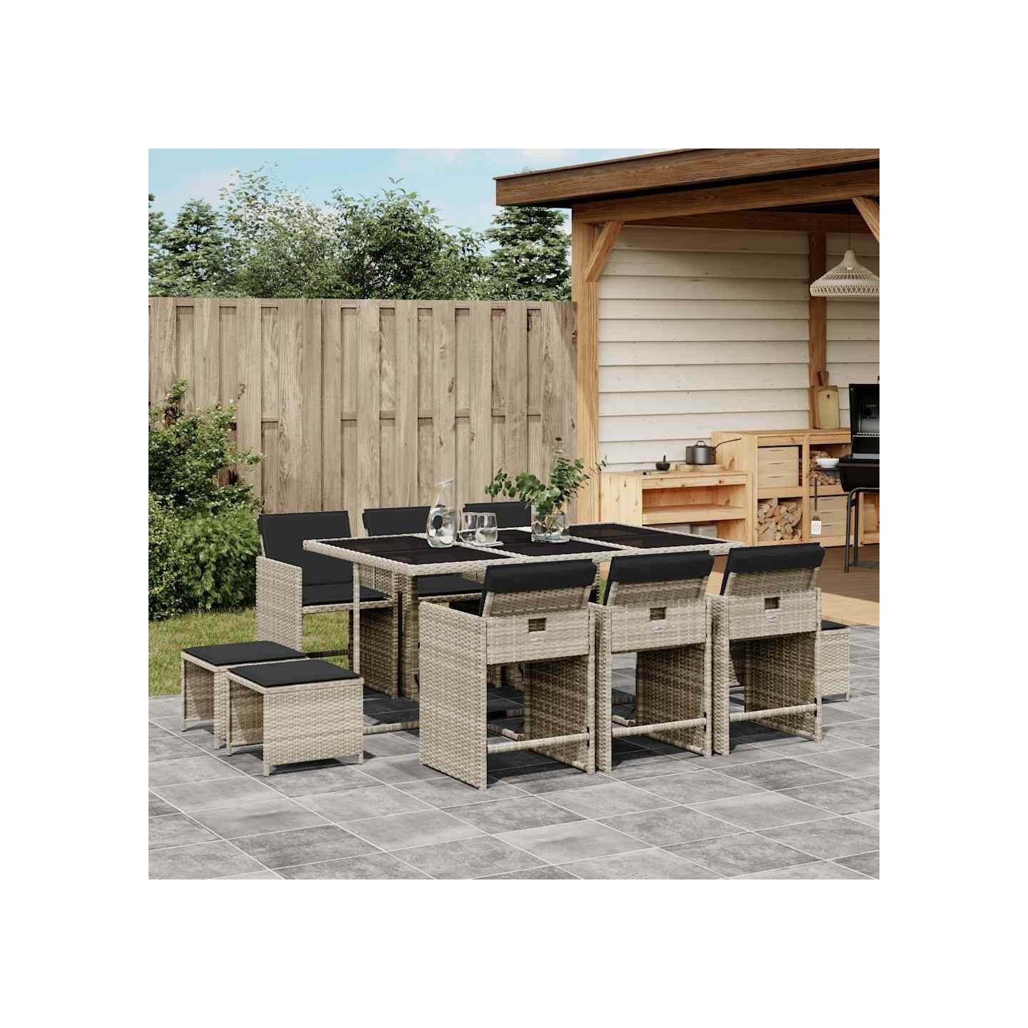 Ensemble à manger de jardin 11pcs avec coussins gris poly rotin