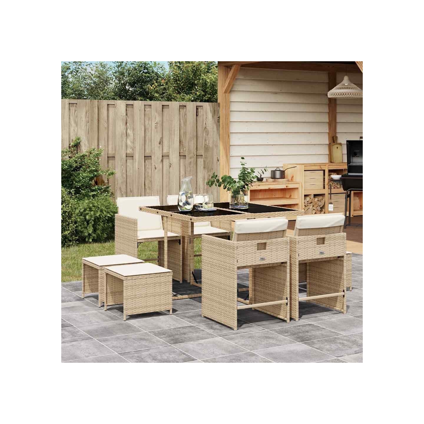 Ensemble à manger de jardin et coussins 9 pcs beige Poly rotin