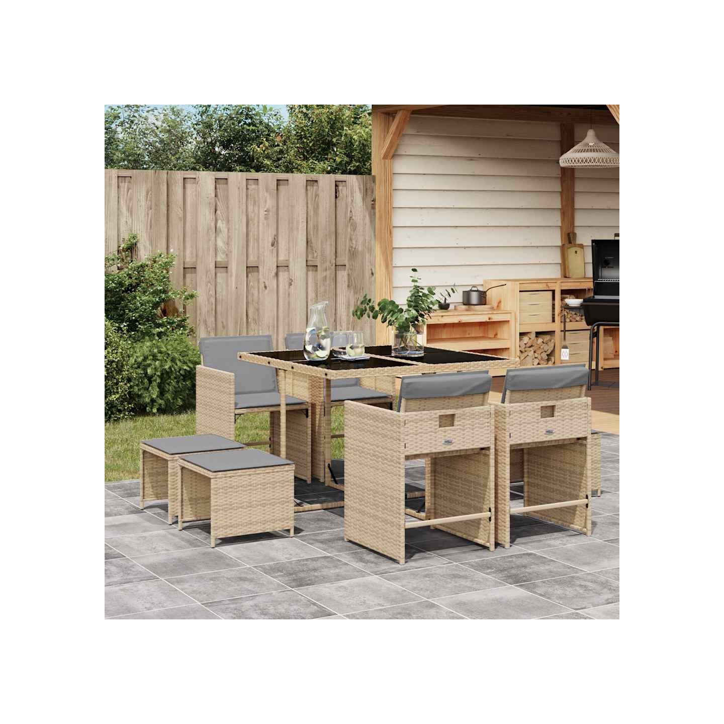 Ensemble à manger de jardin et coussins 9 pcs mélange beige
