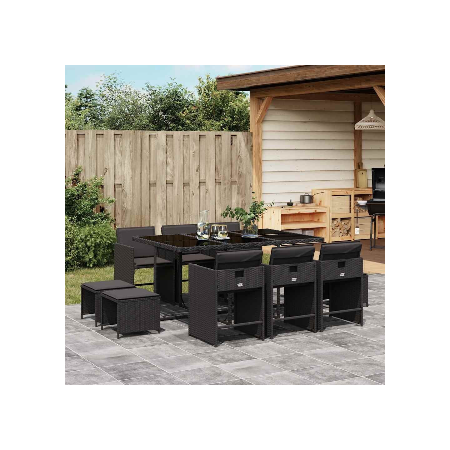 Ensemble à manger de jardin 11 pcs coussins noir résine tressée