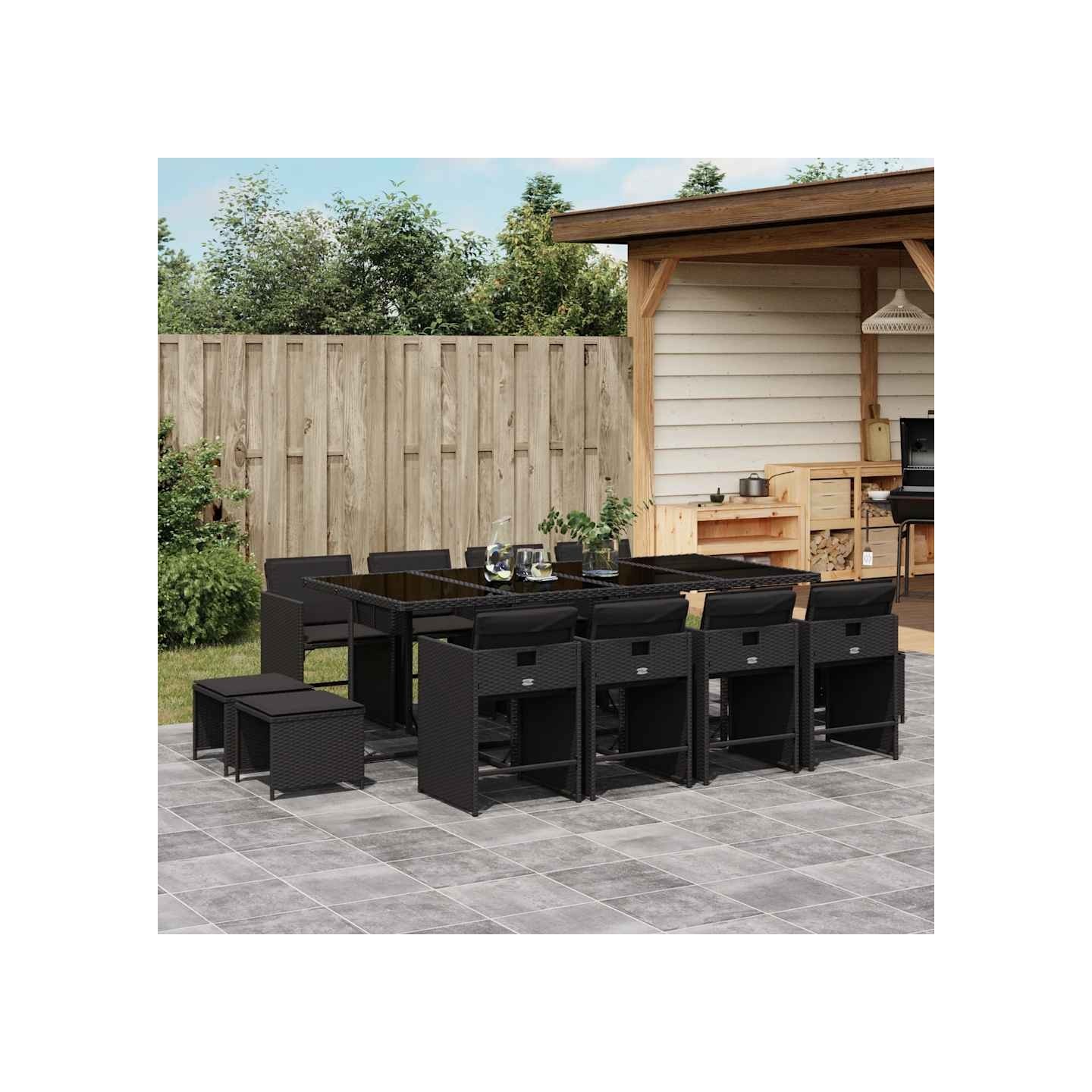 Ensemble à manger de jardin 13 pcs coussins noir résine tressée