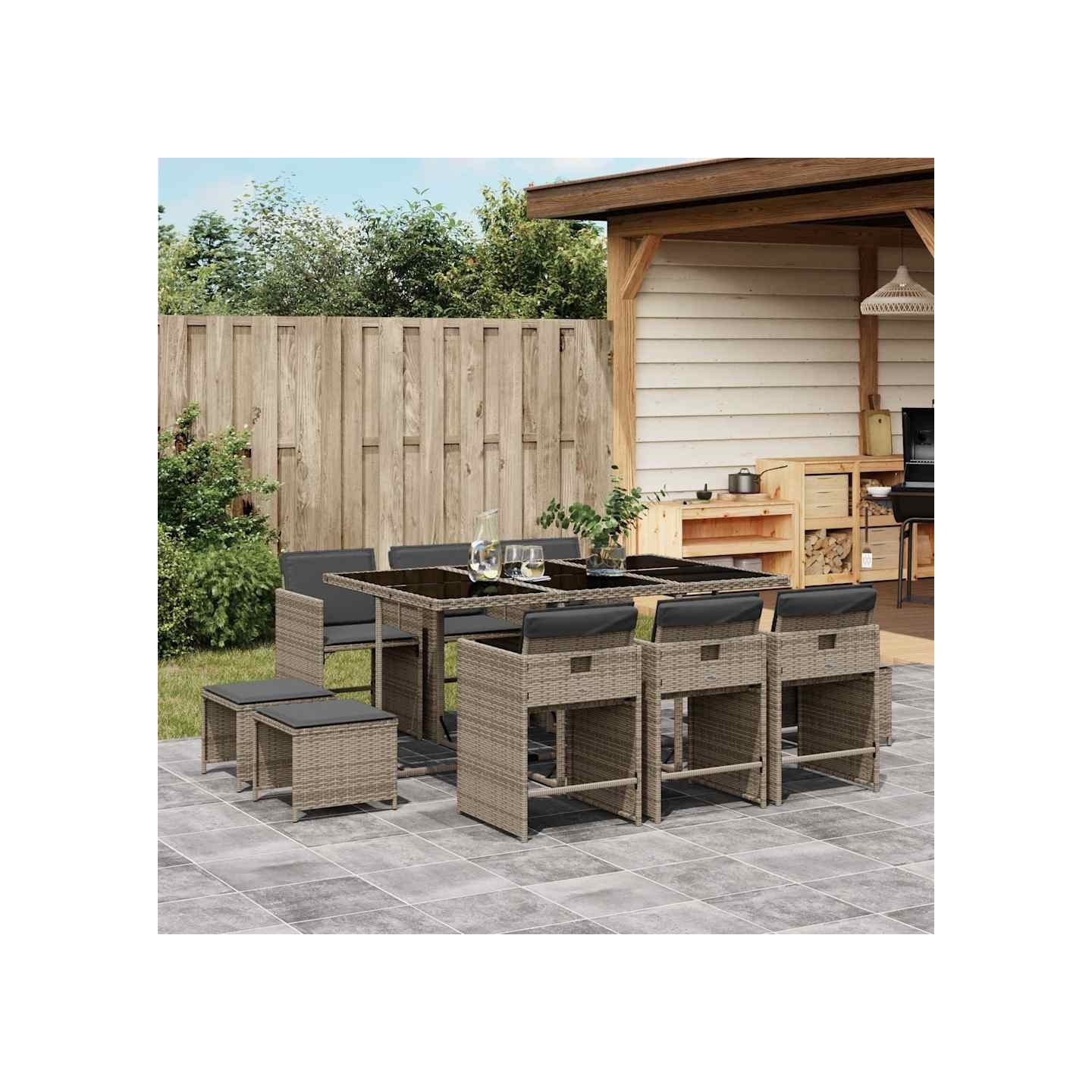 Ensemble à manger de jardin 11pcs avec coussins gris poly rotin
