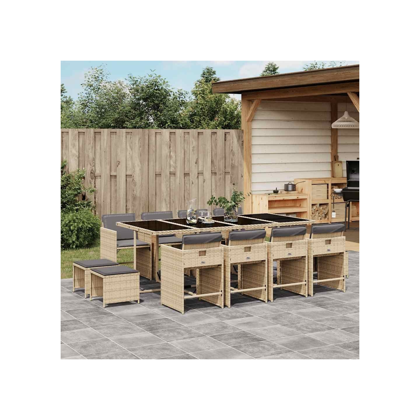 Ensemble à manger de jardin coussins 13 pcs mélange beige rotin