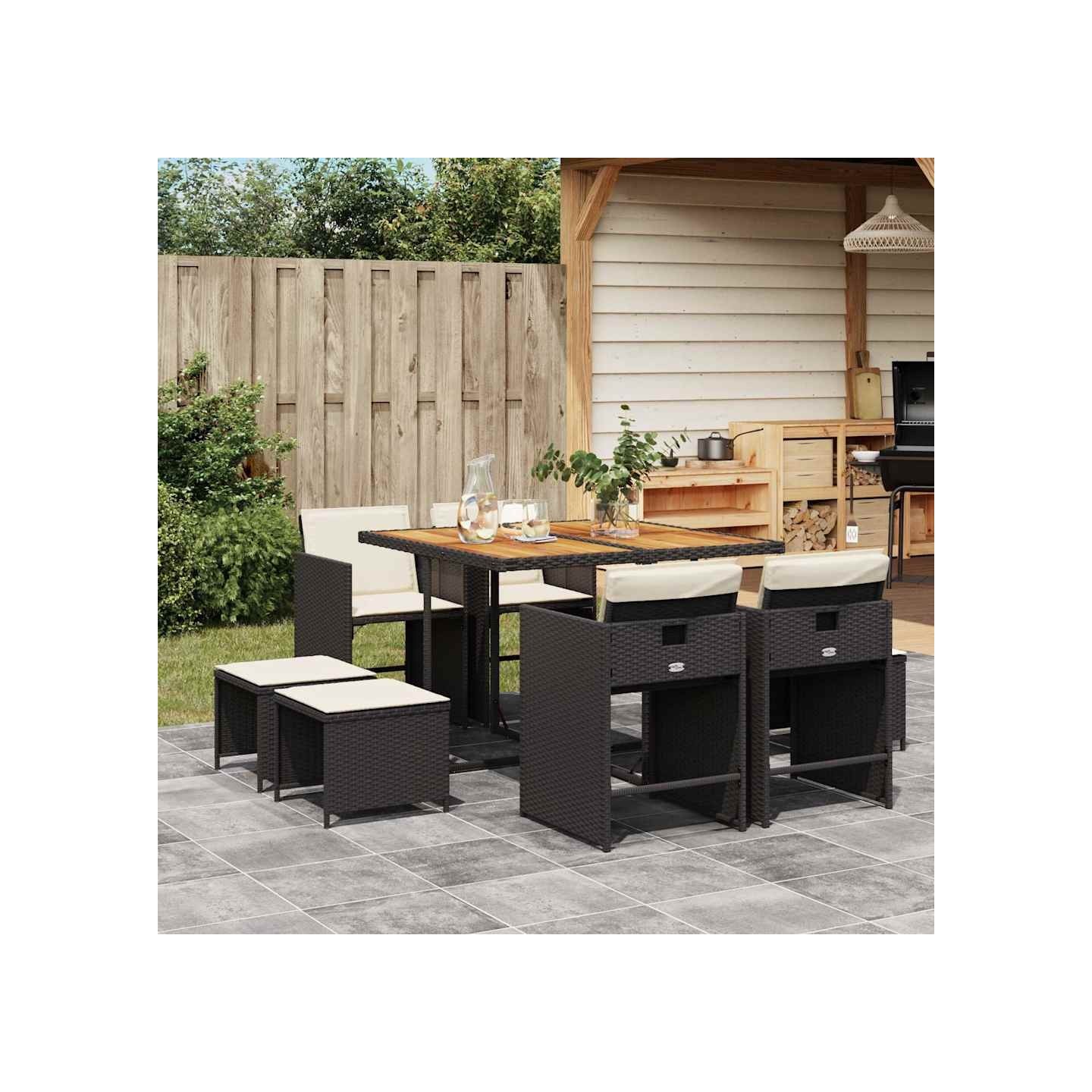 Ensemble à manger de jardin 9pcs coussins noir résine tressée