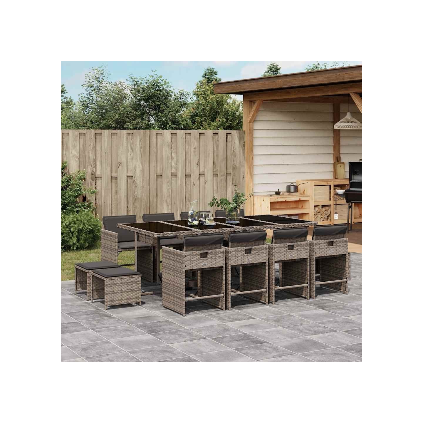 Ensemble à manger de jardin coussins 13 pcs gris résine tressée
