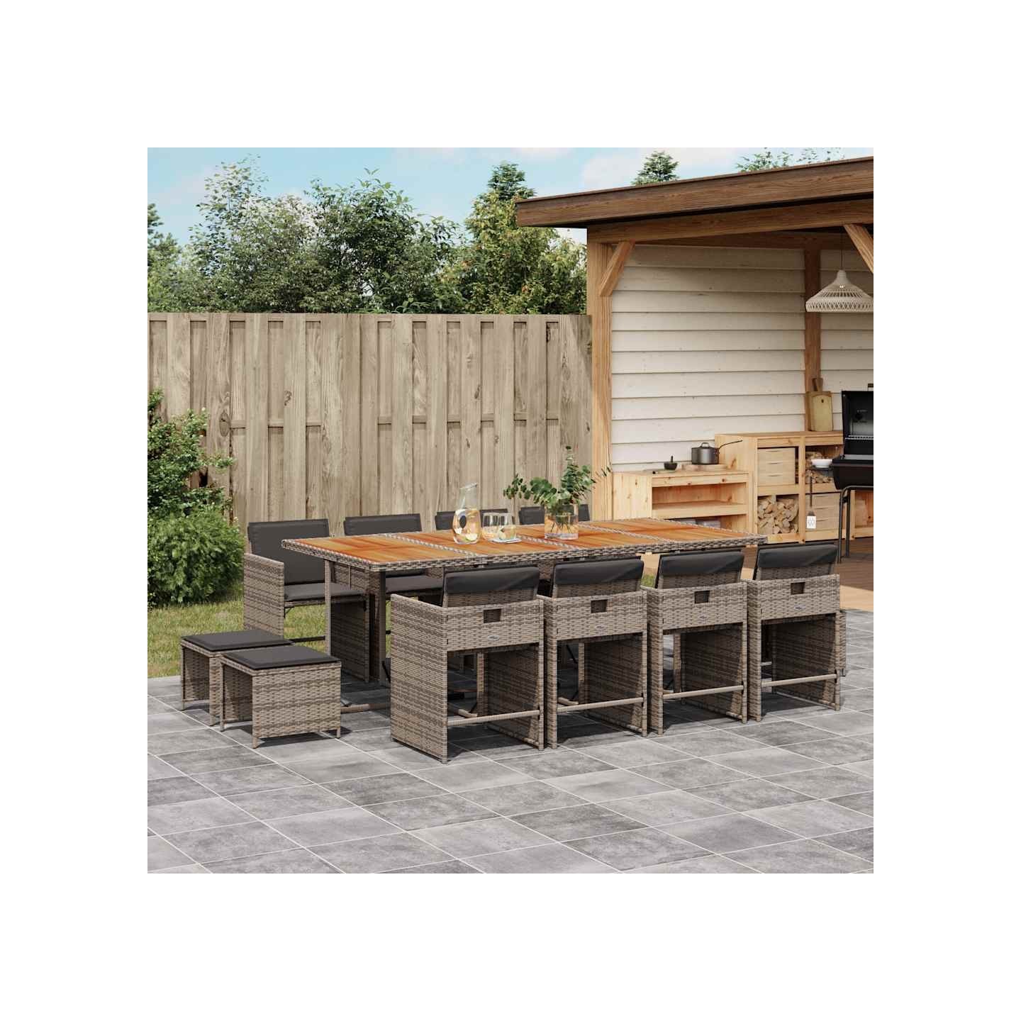 Ensemble à manger de jardin coussins 13 pcs gris résine tressée
