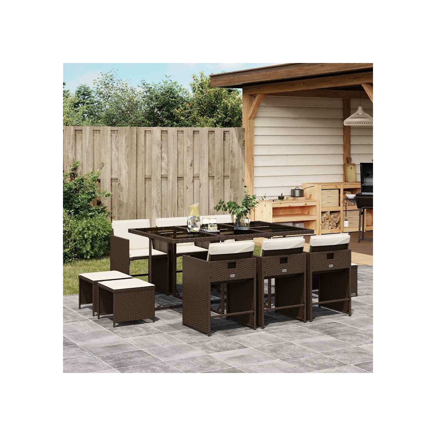 Ensemble à manger de jardin et coussins 11 pcs marron rotin
