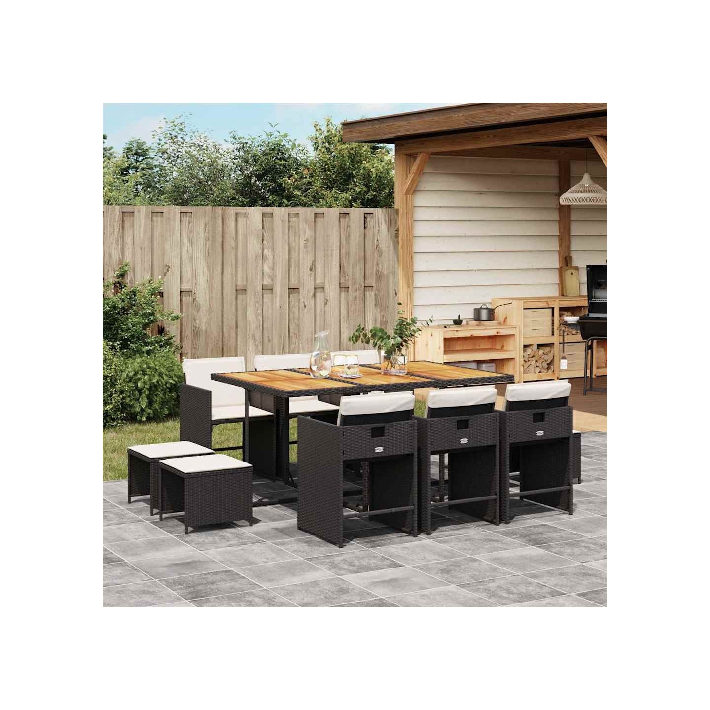 Ensemble à manger de jardin 11 pcs coussins noir résine tressée