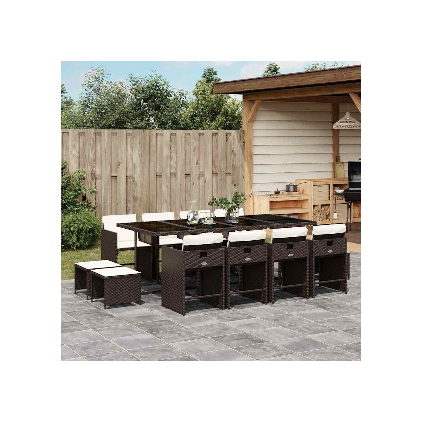 Ensemble à manger de jardin avec coussins 13 pcs marron rotin