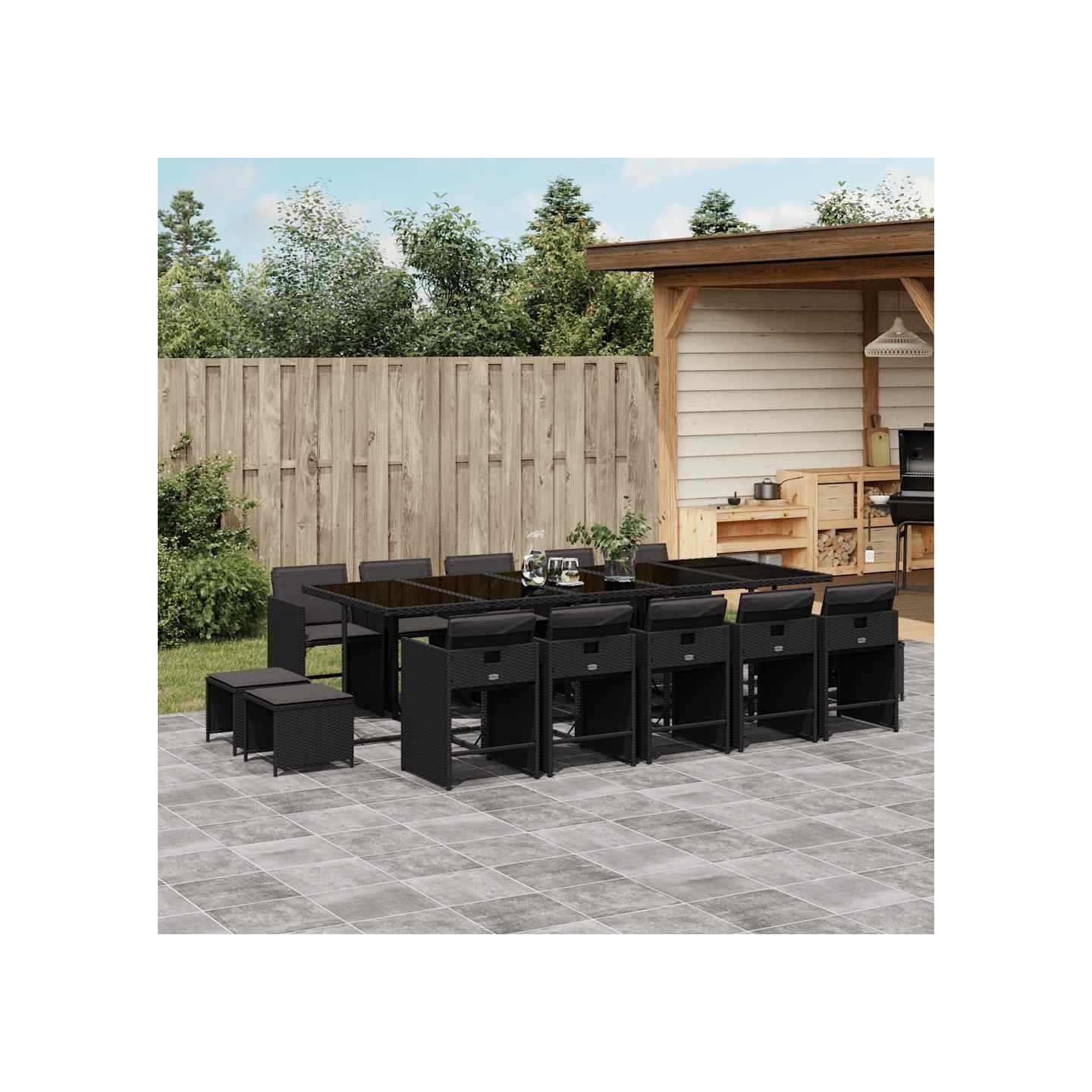 Ensemble à manger de jardin 15 pcs coussins noir résine tressée