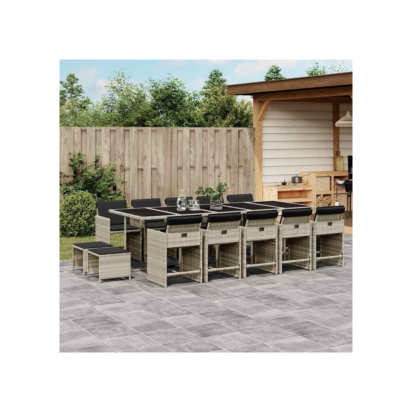 Ensemble à manger de jardin et coussins 15 pcs gris clair rotin