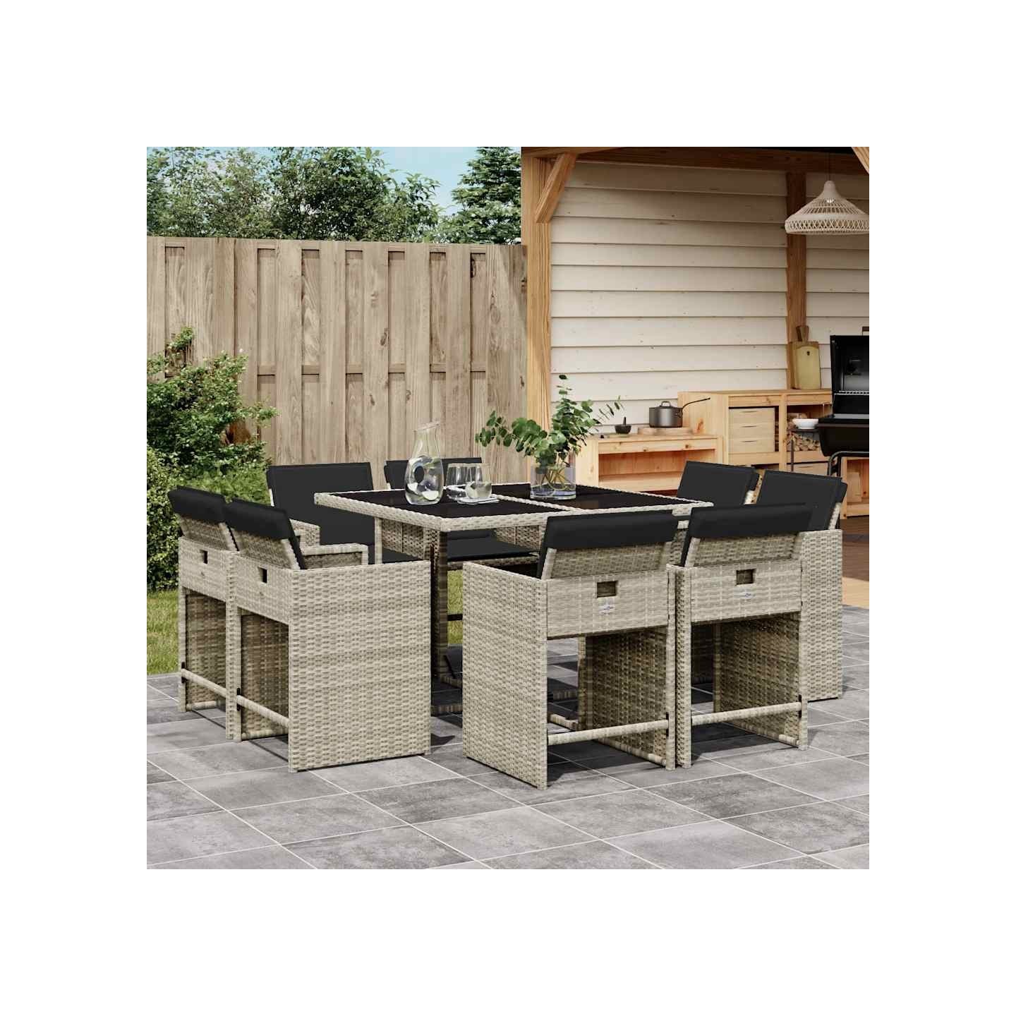 Ensemble à manger de jardin et coussins 9 pcs gris clair rotin