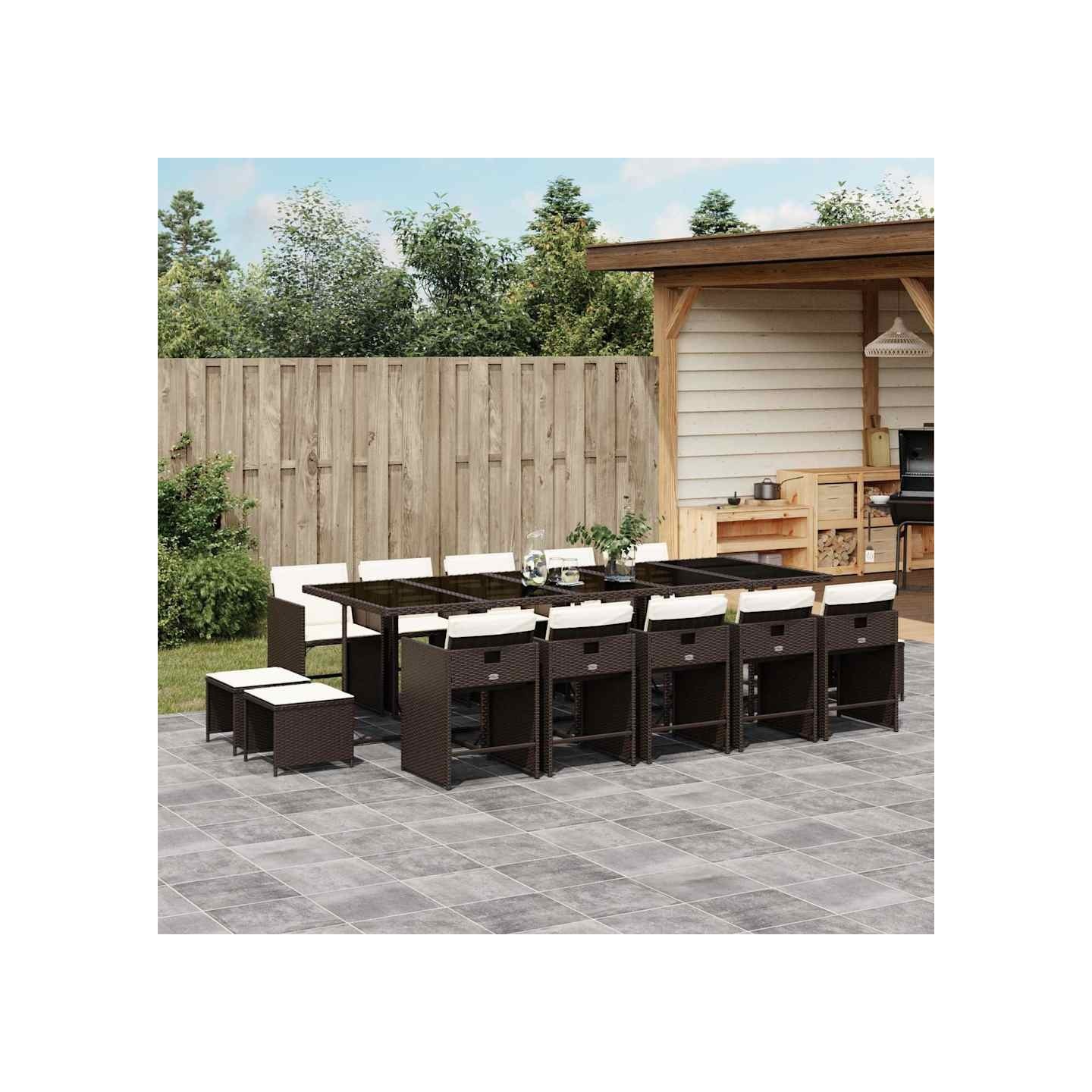 Ensemble à manger de jardin avec coussins 15 pcs marron rotin