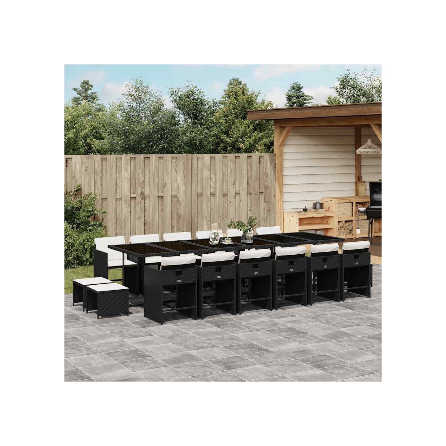 Ensemble à manger de jardin 17 pcs coussins noir résine tressée