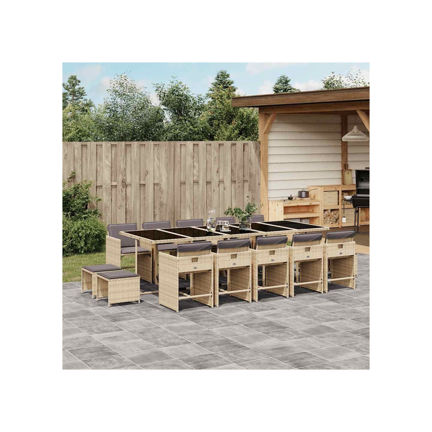 Ensemble à manger de jardin et coussins 15 pcs mélange beige