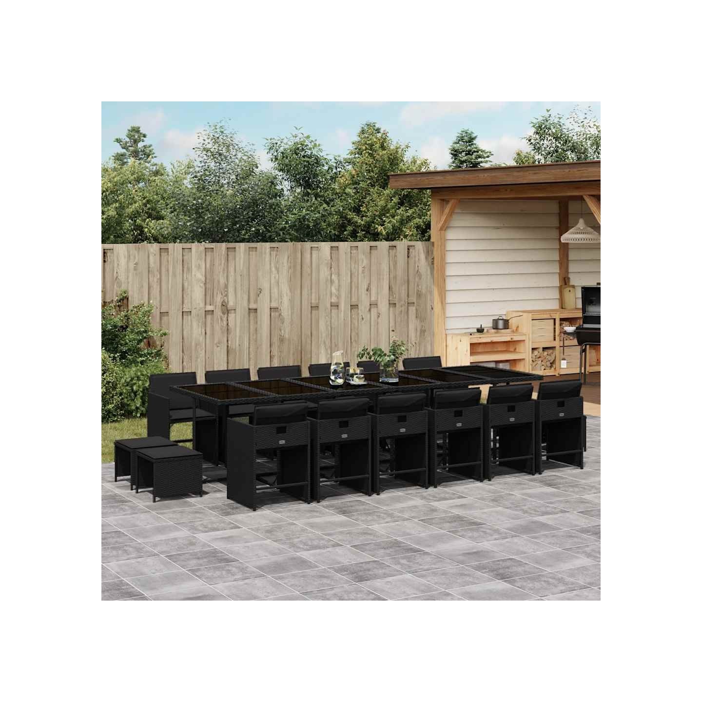 Ensemble à manger de jardin 17 pcs coussins noir résine tressée