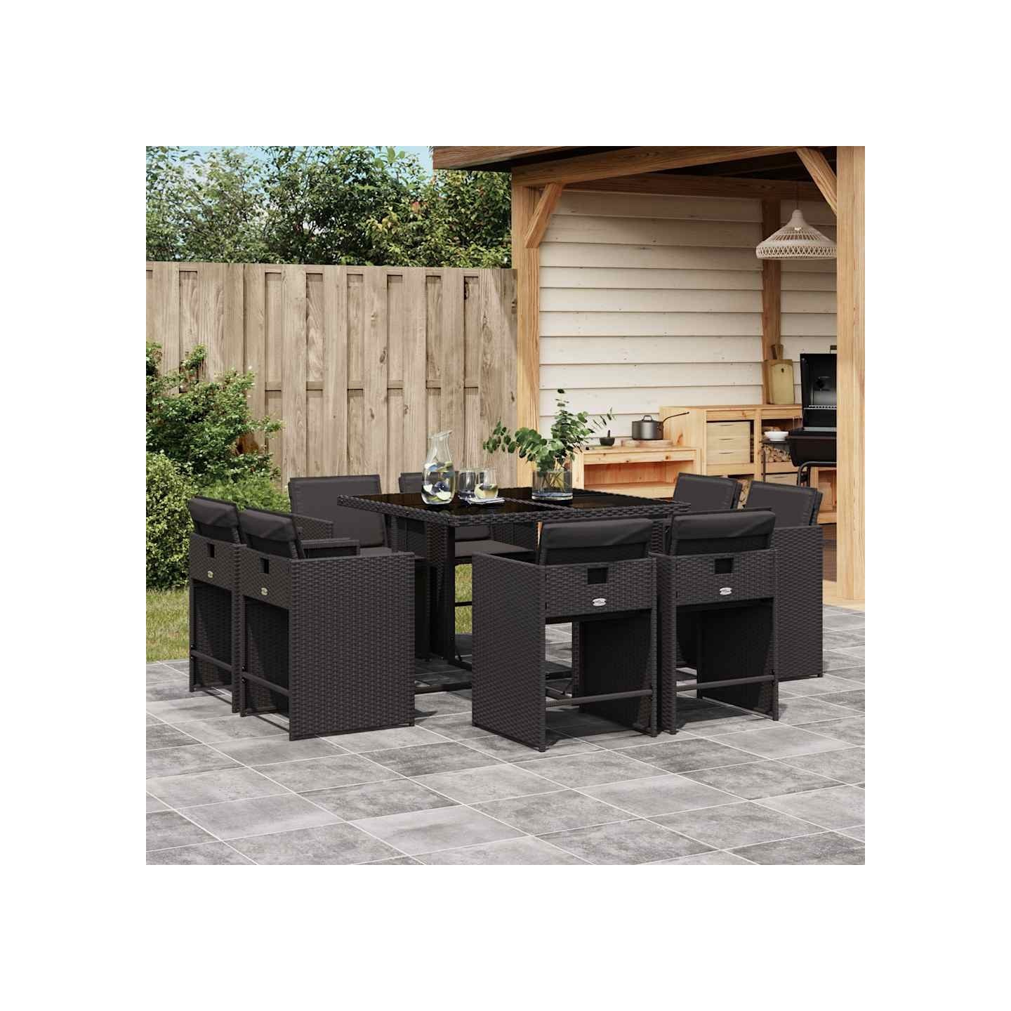 Ensemble à manger de jardin 9pcs coussins noir résine tressée
