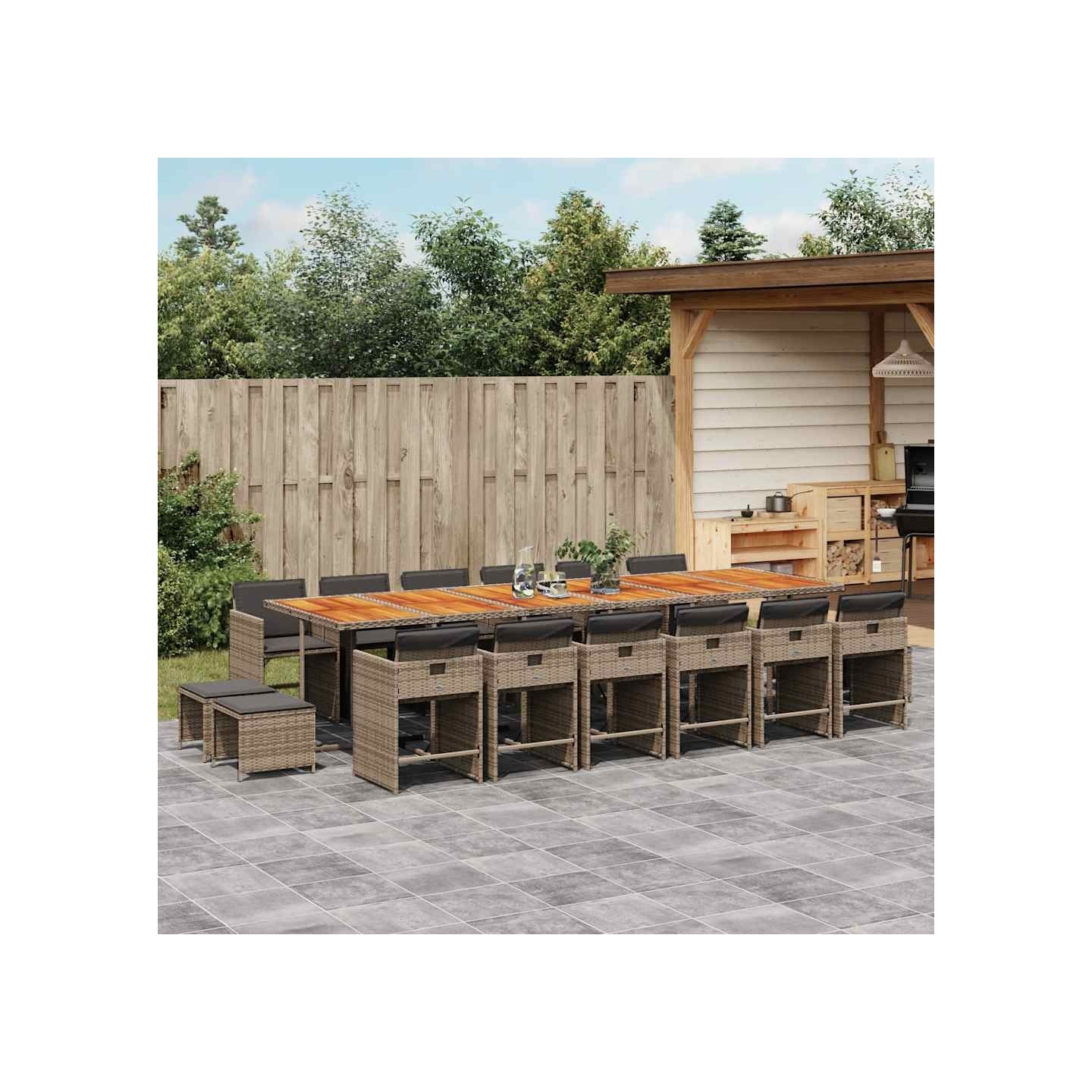 Ensemble à manger de jardin 17 pcs et coussins résine tressée