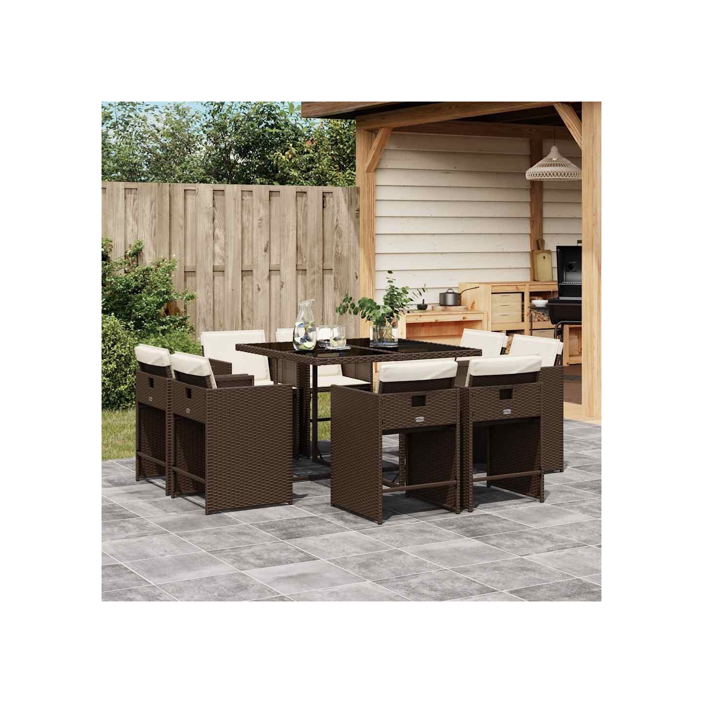 Ensemble à manger de jardin et coussins 9 pcs marron poly rotin
