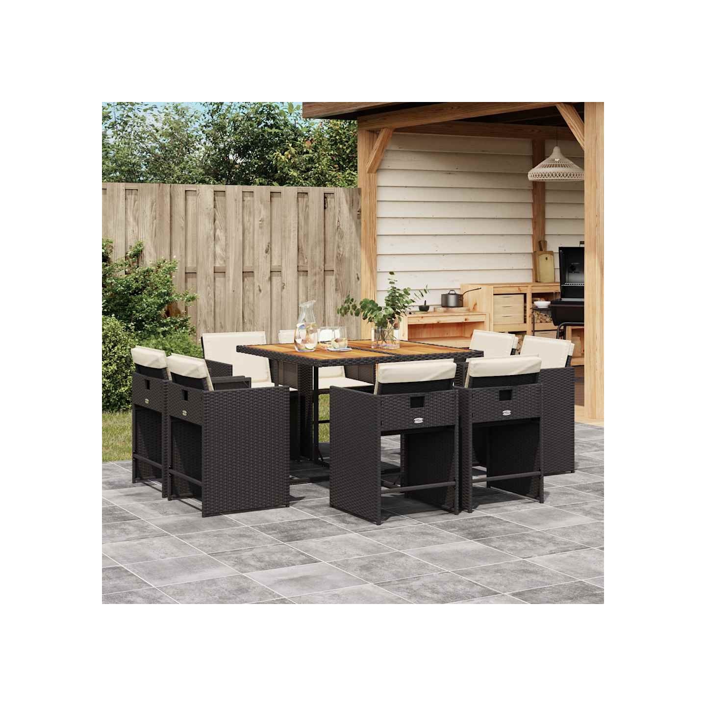 Ensemble à manger de jardin 9pcs coussins noir résine tressée