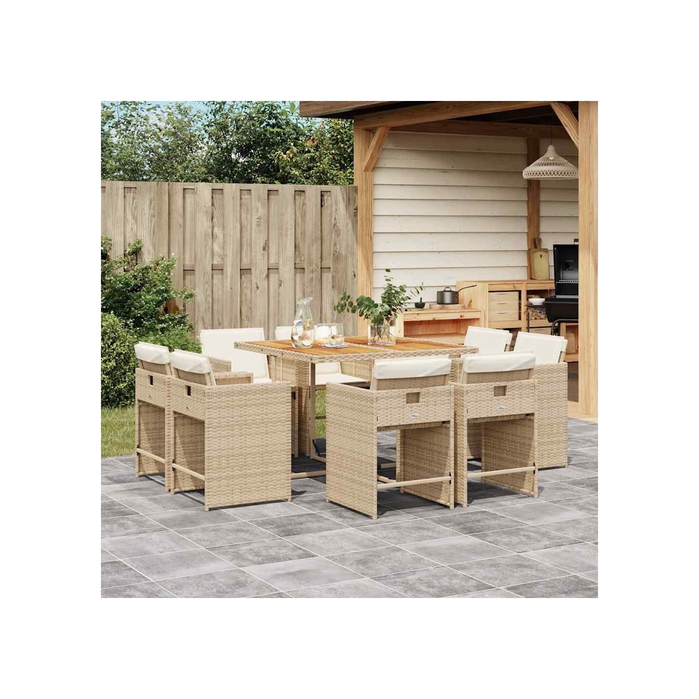 Ensemble à manger de jardin et coussins 9 pcs beige Poly rotin
