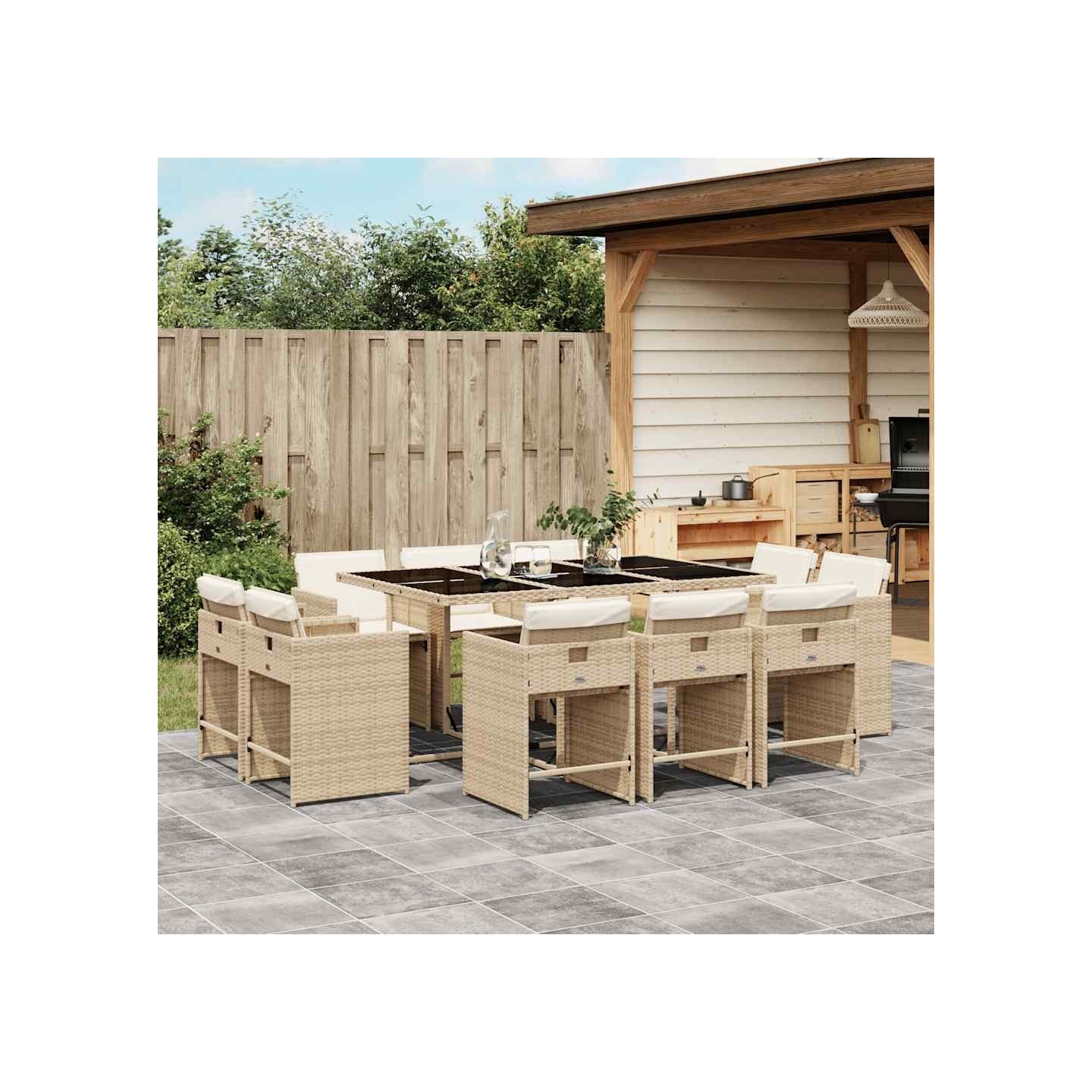 Ensemble à manger de jardin et coussins 11 pcs beige poly rotin