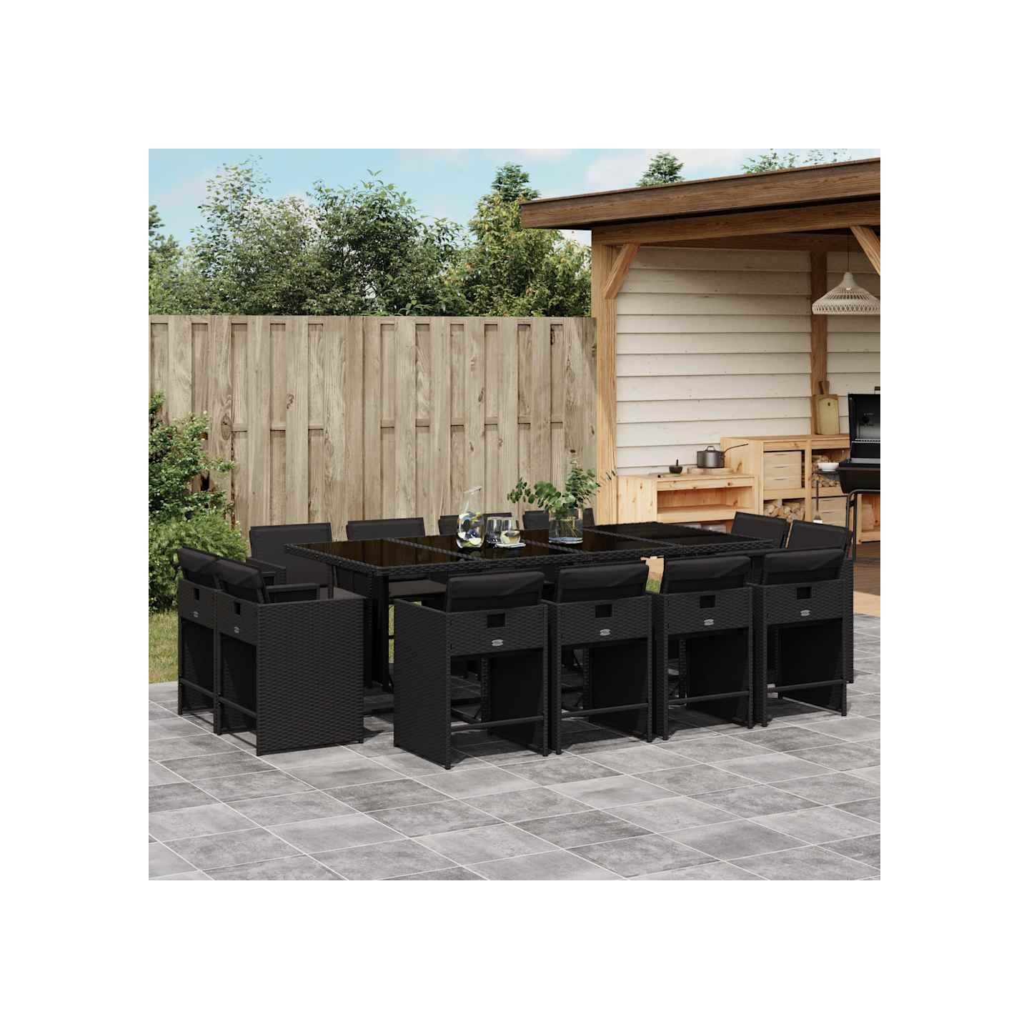 Ensemble à manger de jardin 13 pcs coussins noir résine tressée