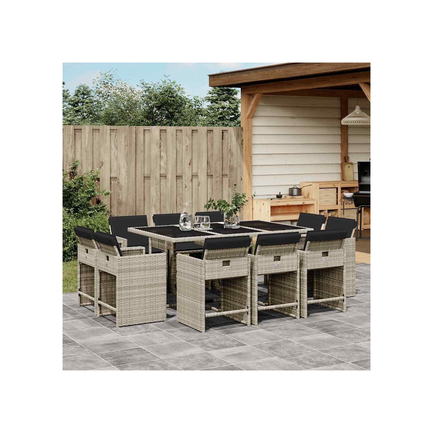 Ensemble à manger de jardin 11pcs avec coussins gris poly rotin