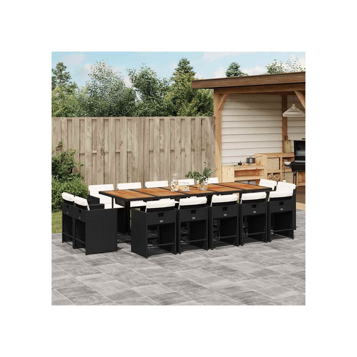 Ensemble à manger de jardin 15 pcs coussins noir résine tressée