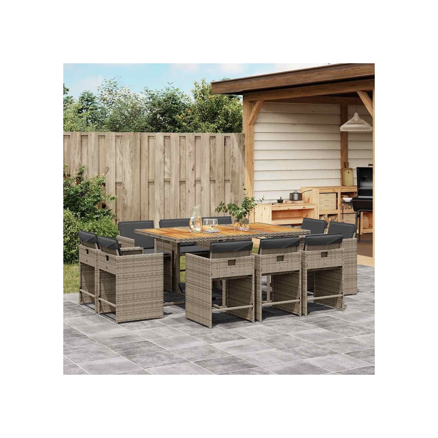 Ensemble à manger de jardin 11pcs avec coussins gris poly rotin
