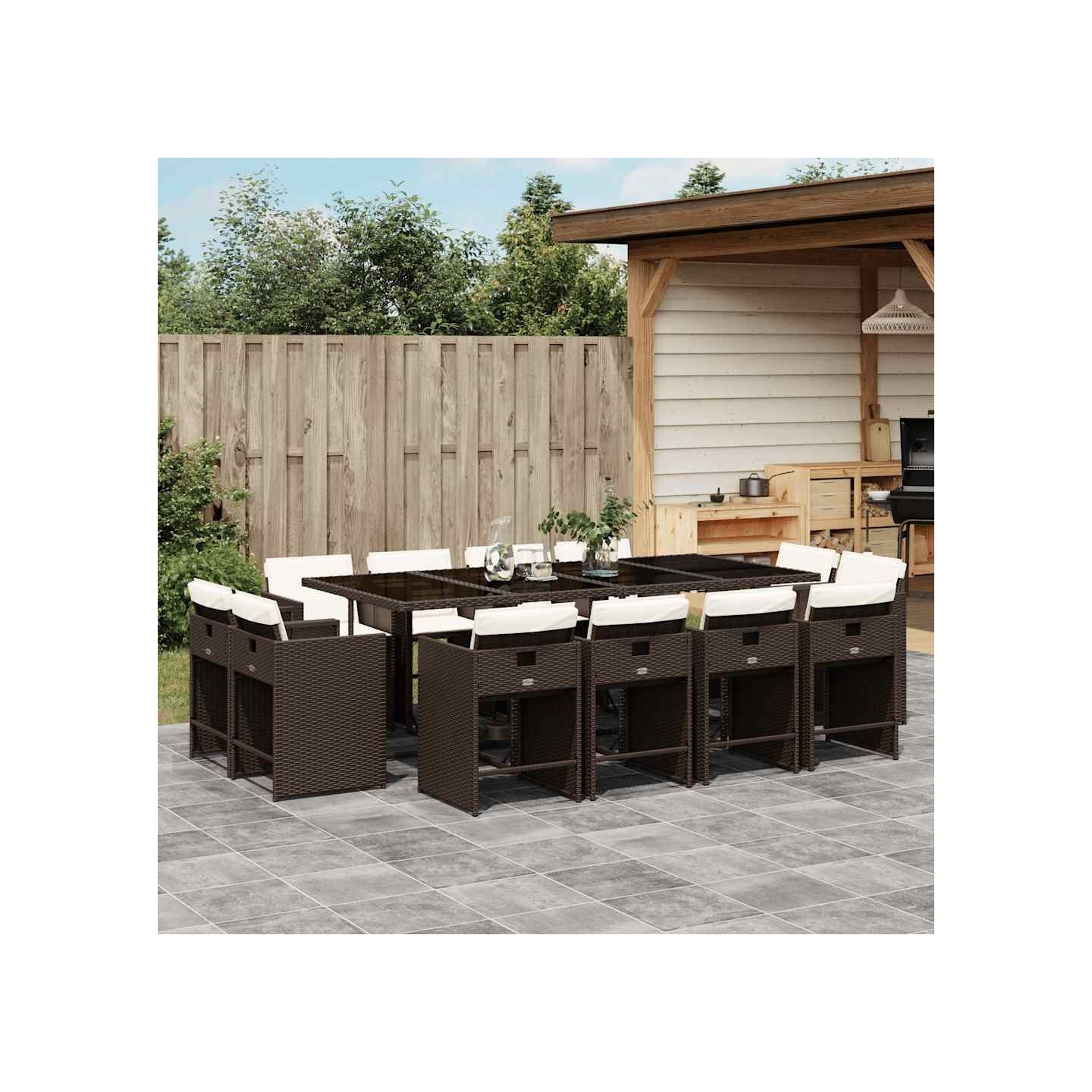 Ensemble à manger de jardin avec coussins 13 pcs marron rotin