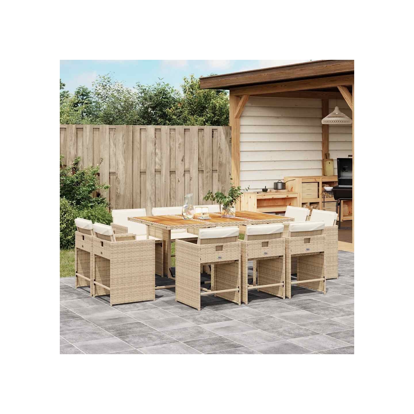 Ensemble à manger de jardin et coussins 11 pcs beige poly rotin