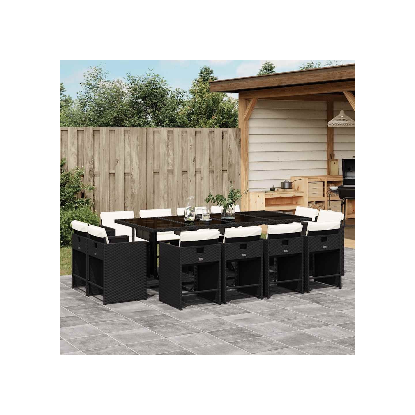 Ensemble à manger de jardin 13 pcs coussins noir résine tressée