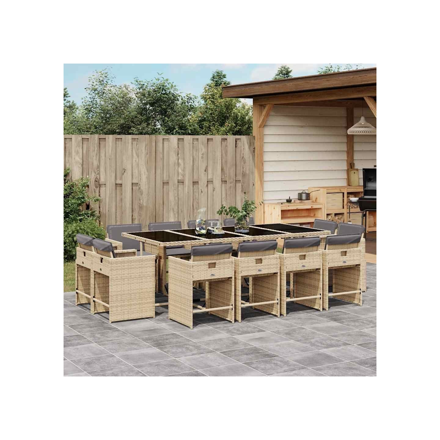 Ensemble à manger de jardin coussins 13 pcs mélange beige rotin