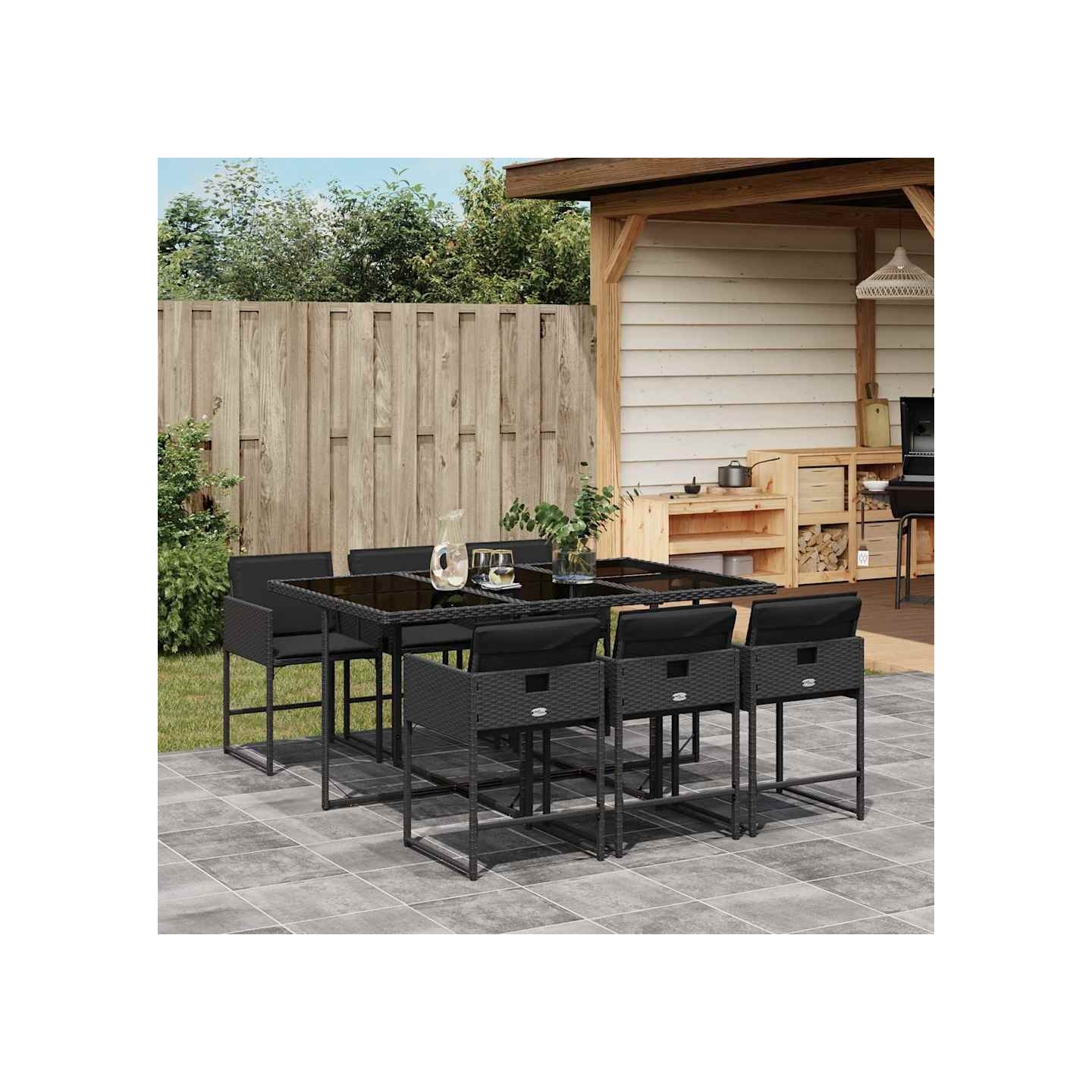 Ensemble à manger de jardin coussins 7pcs Noir Résine tressée
