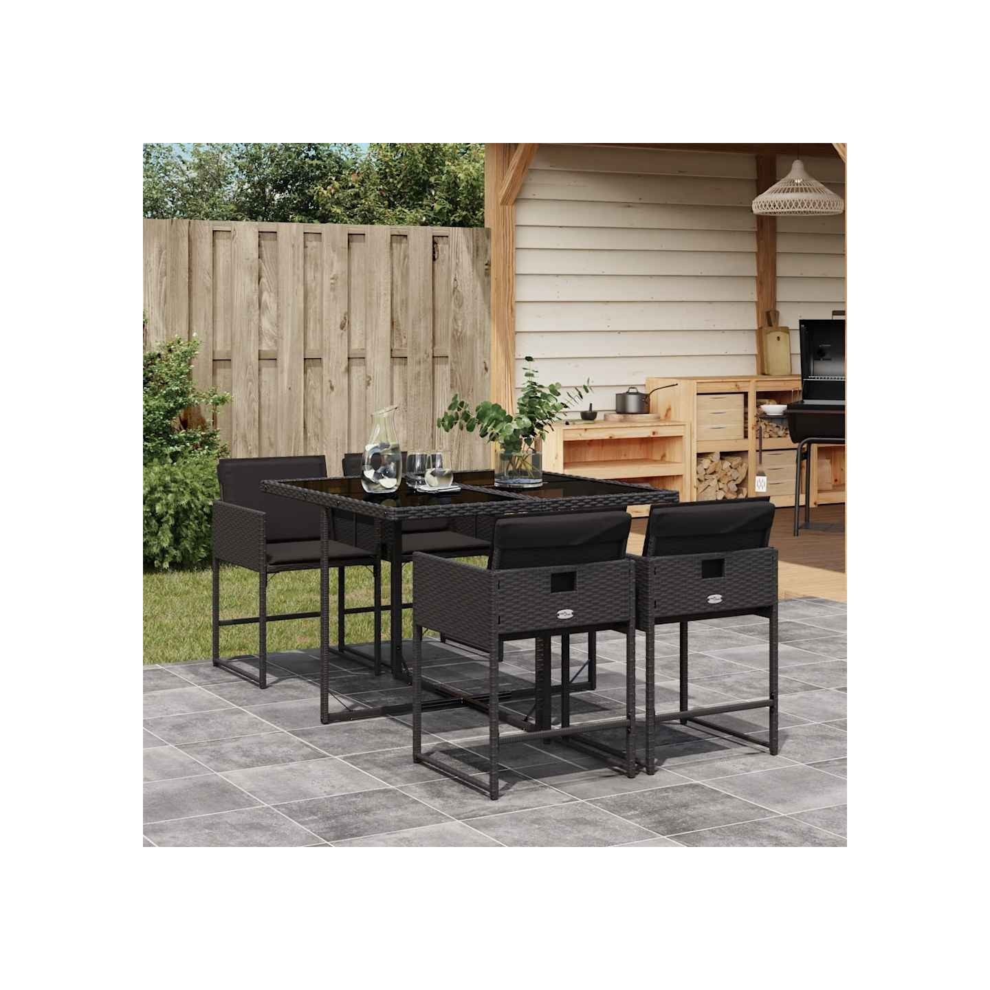 Ensemble à manger de jardin coussins 5pcs Noir Résine tressée