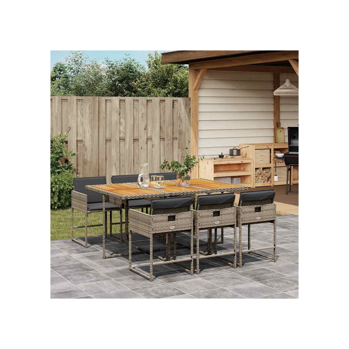 Ensemble à manger de jardin et coussins 7 pcs gris rotin