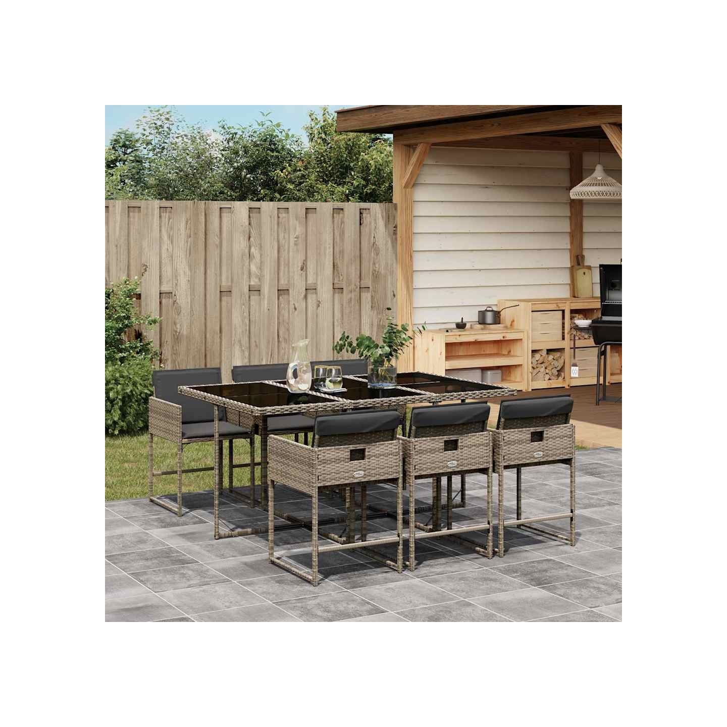 Ensemble à manger de jardin et coussins 7 pcs gris rotin