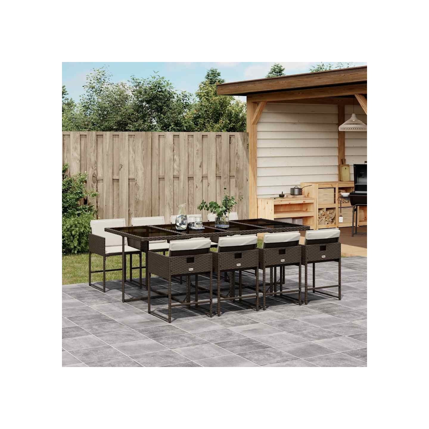 Ensemble à manger de jardin et coussins 9 pcs marron poly rotin