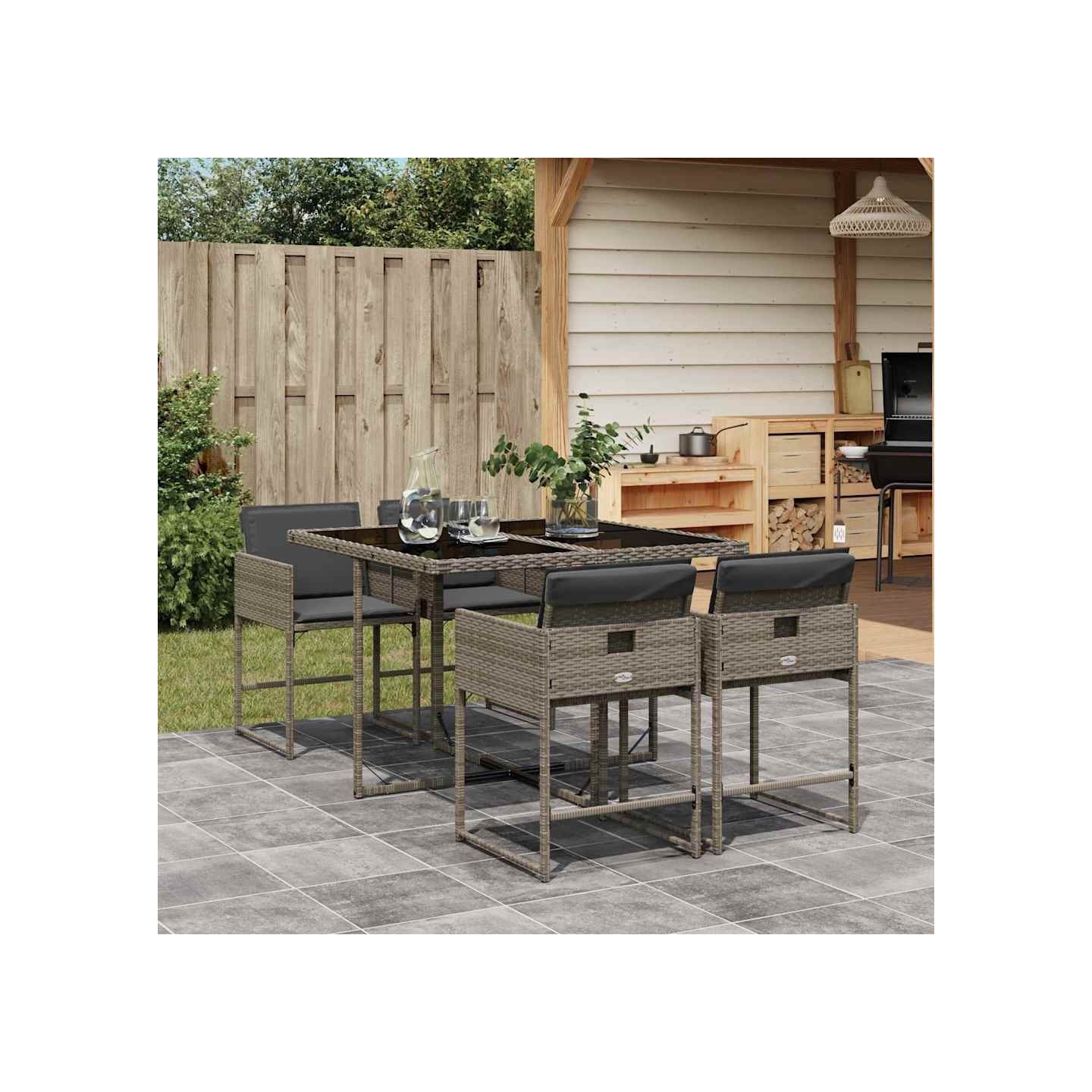Ensemble à manger de jardin 5 pcs coussins gris résine tressée