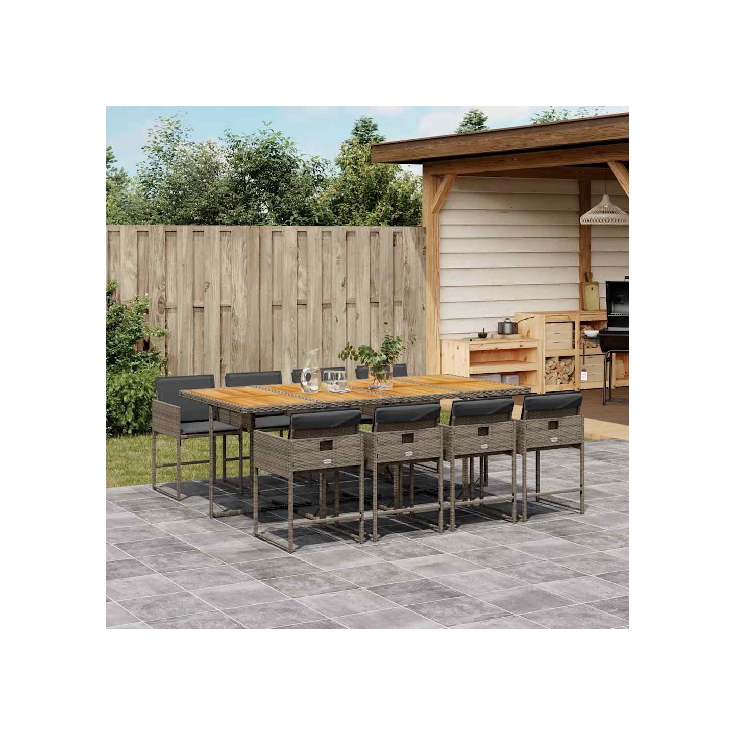 Ensemble à manger de jardin 9 pcs coussins gris résine tressée